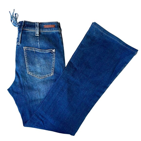 Pilcro Lace‑Up High Rise Flare Jeans Medium Wash Size 28 — 70s Boho Chic Anthro - Picture 13 of 16